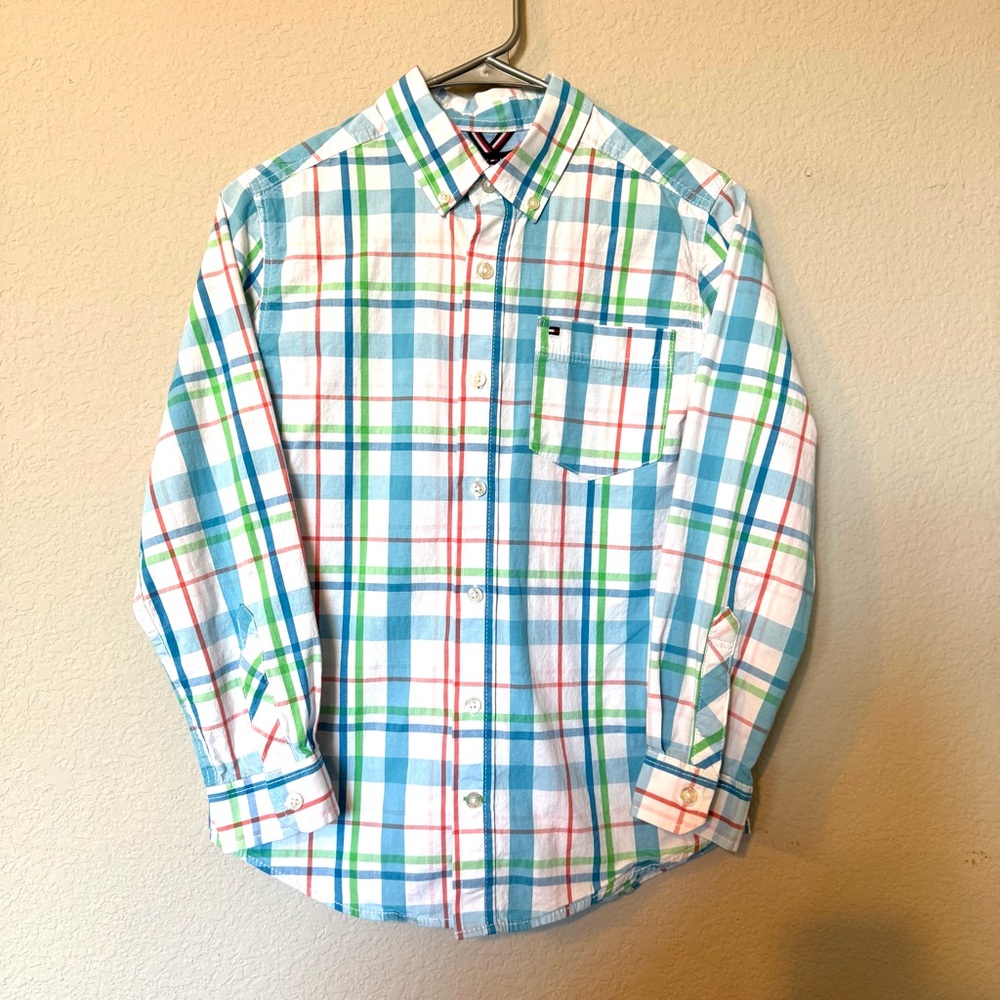 Tommy Hilfiger Shirt Youth M 12/14 Blue Plaid Long Sleeve Button Up Spring Boys